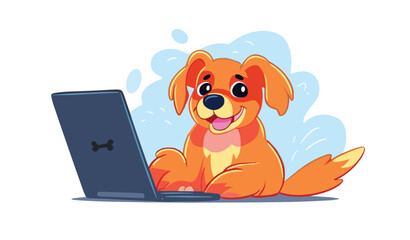 Dog with laptop. Cute funny puppy surf in internet. Happy doggy online at notebook computer. PC user. Canine animal, pup shopping. Flat vector illustration. Technology.