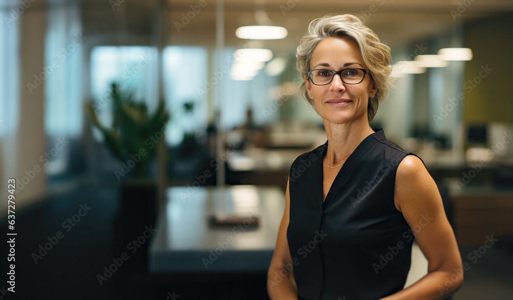 Wall mural portrait of an executive woman in her forties at office, she is smiling at camera. generative ai