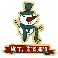 A postcard with a Christmas Snowman in a hat with a scarf and a large carrot, a traditional Christmas vector illustration. A postcard for the holiday in retro style. Cartoon object