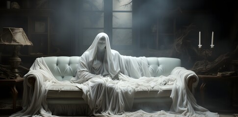 Mysterious ghost, poltergeist sitting on sofa in dark room. Halloween, spooky season. Ai generated - obrazy, fototapety, plakaty