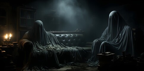 Couple of mysterious ghosts, poltergeists sitting on sofa in dark room. Halloween, spooky season. Ai generated