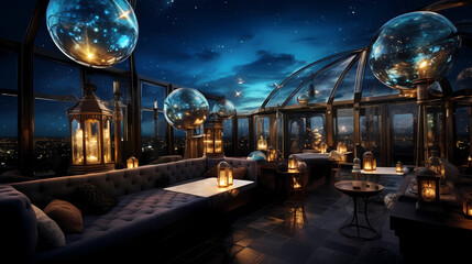 rooftop bar with a glass roof and celestial projections