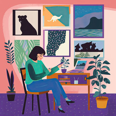 Artful Contemplation: A Modern Naive Illustration of Home Gallery
