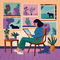 Artful Contemplation: A Modern Naive Illustration of Home Gallery