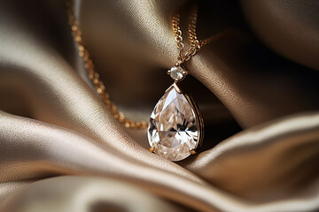 A tear-shaped diamond pendant, glistening with purity and clarity, lies gracefully against the gentle folds of a soft silk fabric - obrazy, fototapety, plakaty