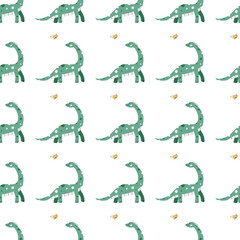 Vector seamless pattern with dinosaur and bird
