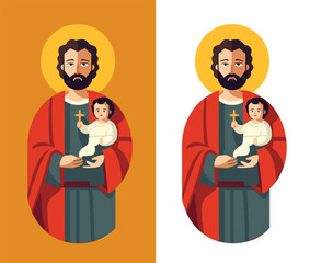 Saint Joseph St. Joseph with Jesus Christ, the Patron Saint of the Catholic Church. Flat Vector Illustration.