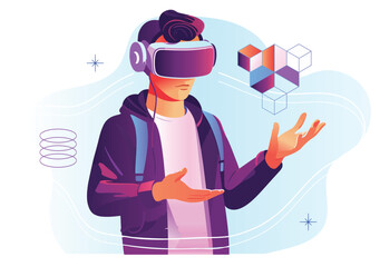 A young man moving objects around using a virtual reality VR augmented reality AR headset. Vector illustration. People.