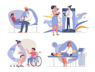 Patients on reception at doctors of narrow specialization and pediatrician. Diagnosis of children's health. In physician's office for medical examination. Vector characters flat cartoon illustrations.