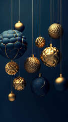 Gold and dark blue Christmas balls on a dark background, generative AI.
