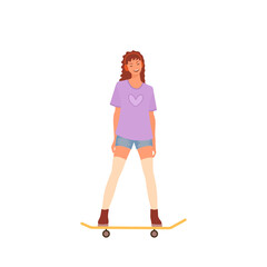Cute young woman in headphones riding skateboard. Girl listens to music. Cartoon flat style. Vector illustration
