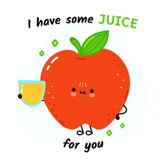 Cute Red Apple with glass of juice. Vector hand drawn doodle style cartoon character illustration icon design. Card with cute happy Red Apple fruit