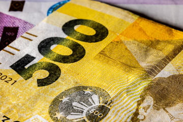 Front side of 500 peso bill of the Philippines. 500 Philippine Peso. Currency of the Island state. Extreme close up of five hundred Peso. Microscopic capture of money or banknotes of the Philippines