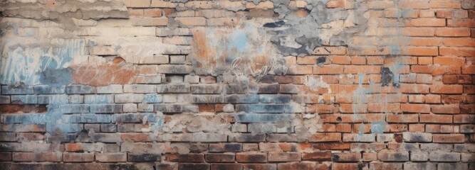 Old wall background with graffiti-marked, discolored bricks