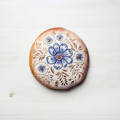 Painted bread, trend sourdough round loaf on board on light wooden table, minimal style aesthetic top view, above view homemade artisan bread with hand painted flowers, generative ai