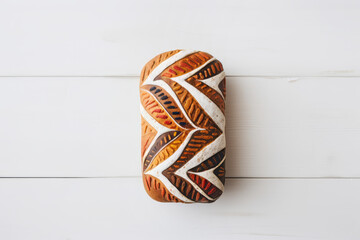 Painted bread with geometric pattern, trend sourdough loaf on white wooden background, aesthetic top view, homemade artisan bread with hand painted ornament, gluten free food, generative ai