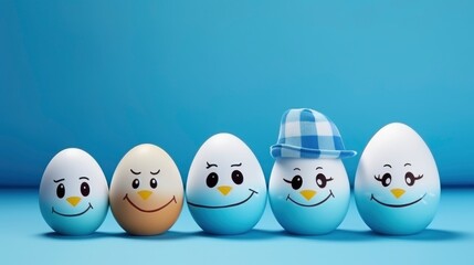 A cute Easter egg family character with hats and faces drawn. Easter holidays concept on blue background with copy space