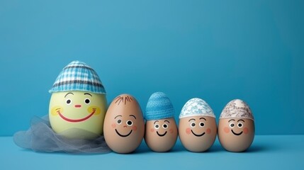 A cute Easter egg family character with hats and faces drawn. Easter holidays concept on blue background with copy space