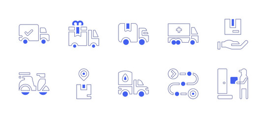 Delivery icon set. Duotone style line stroke and bold. Vector illustration. Containing delivery truck, free delivery, delivery, fast delivery, delivery package, truck, product, delivery man.