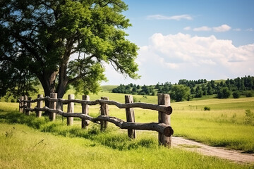 An old rustic wooden fence is in a grass filed with trees and clouds in the background for a country or nature