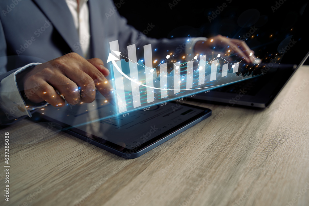 Poster concept of long-term business development and management executives looking at virtual screens busin