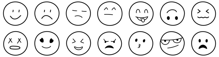 Set of hand drawn emoticons. Doddle emoticons. Vector illustration isolated on white background