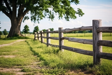 An old rustic wooden fence is in a grass filed with trees and clouds in the background for a country or nature