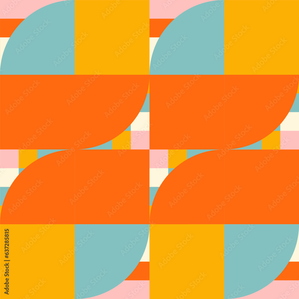 Poster Simple geometric seamless pattern. Modern abstract background with circle, semi circle, square, rectangle stripe shapes in pastel colors.
