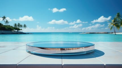 Fototapeta na wymiar 3D render empty luxury podium on blur beach tropical Caribbean background. 