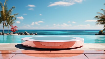 Obraz premium 3D render empty luxury podium on blur beach tropical Caribbean background. 
