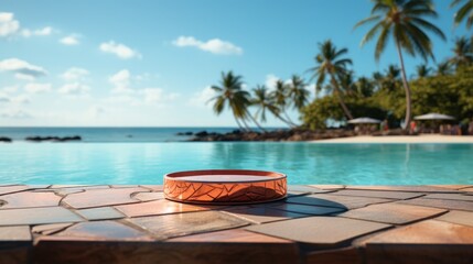Fototapeta na wymiar 3D render empty luxury podium on blur beach tropical Caribbean background. 