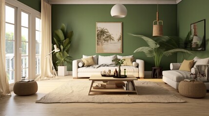 Cozy living room decorated warm tone scandinavian style mixed modern style with soft sofa,spring tree pot and lamp,interior home design concept. Generative Ai