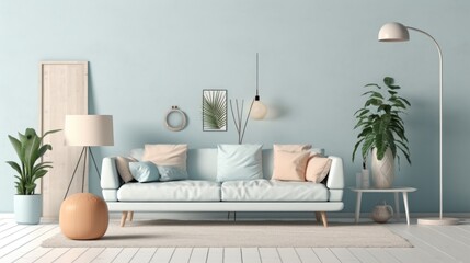 Cozy living room decorated bright tone scandinavian style mixed modern style with soft sofa,spring tree pot and lamp,interior home design concept. Generative Ai