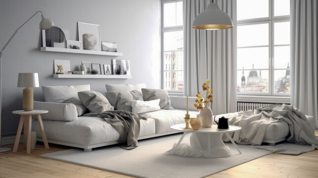 Cosy living room decorating scandinavian style mixed modern style with ,bookshelf,sofa bed,and lamp,interior home design concept.
