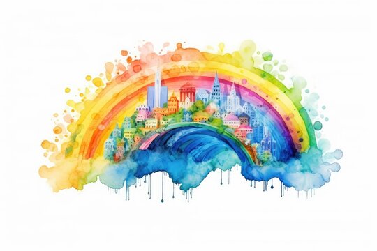 watercolor rainbow city on white background illustration
