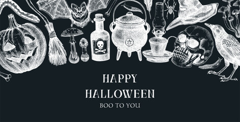 Halloween background on chalkboard. Hand drawn vector illustration. Skulls, bones, pumpkin, poison, snakes, mushroom sketches. Autumn holiday banner. Vintage Halloween design elements