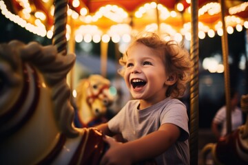 Joyful happy child boy cute carefree amazed excited little kid son preschool baby laughing European Caucasian toddler riding carousel amusement park holiday summer vacation family having fun childhood - obrazy, fototapety, plakaty