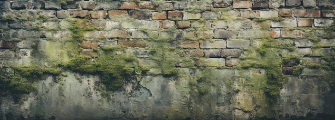 Vintage wall background with weather-beaten, moss-covered bricks