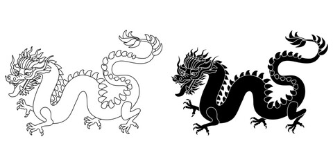 De dragon entier de profil pour le nouvel an chinois 2024 - une silhouette noire et un dessin vierge aux contours noirs afin de servir de base au coloriage.