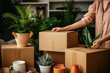 Woman unpacks items from boxes after moving