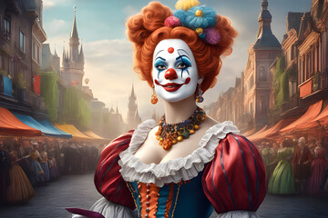 Fototapeta na wymiar Portrait of a female clown from the seventeenth century. Generative AI