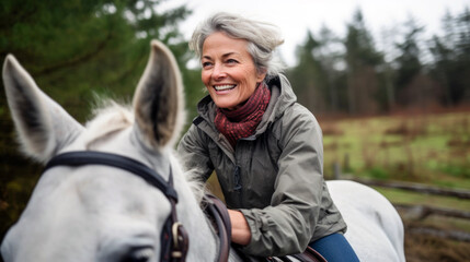 woman with horse.Joyful mature woman riding horse along scenic paths, Generative Ai