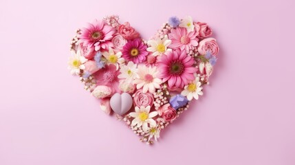 Heart surrounded with fresh colorful flowers on pastel
