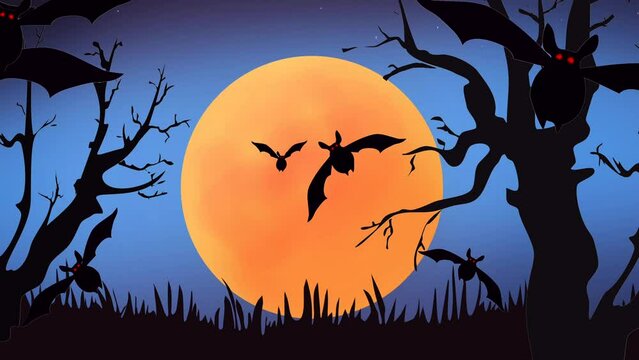 Scary children's halloween animation background night landscape with moon and bats to insert text