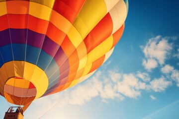 Colorful big hug hot air balloon flying hovering in deep blue sky traveling sightseeing recreation views clouds sunrays sun midday day summer afternoon fun holiday activities leisure time nature 