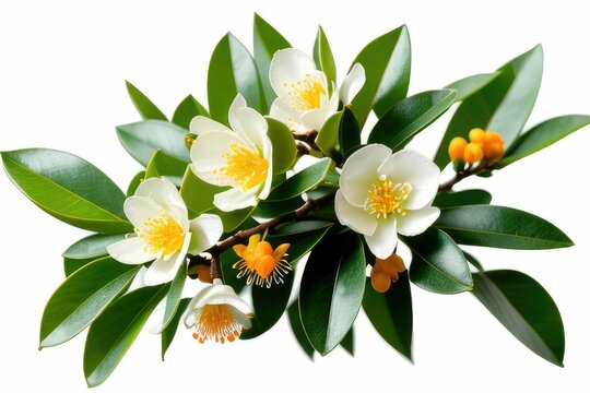 A bloom of white fragrant blooming orange tree buds and leaves on a white background 