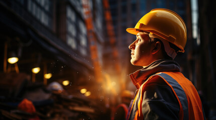 Fototapeta na wymiar A builder in a hard hat stands at a construction site. Generative Ai 