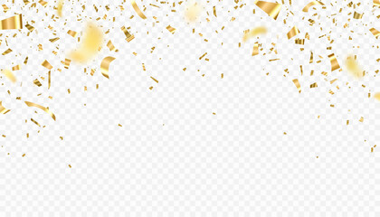 Gold confetti vector background. Falling bright golden festive tinsel - obrazy, fototapety, plakaty