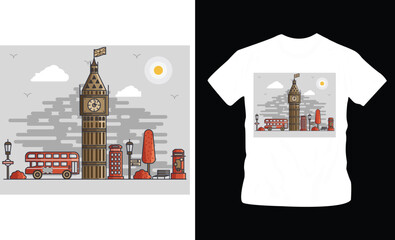 Illustration of famous landmark of UK clock tower t-shirt design editable template