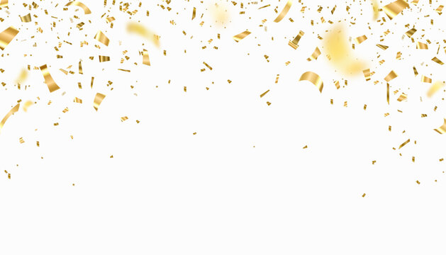 Gold confetti vector background. Falling bright golden festive tinsel